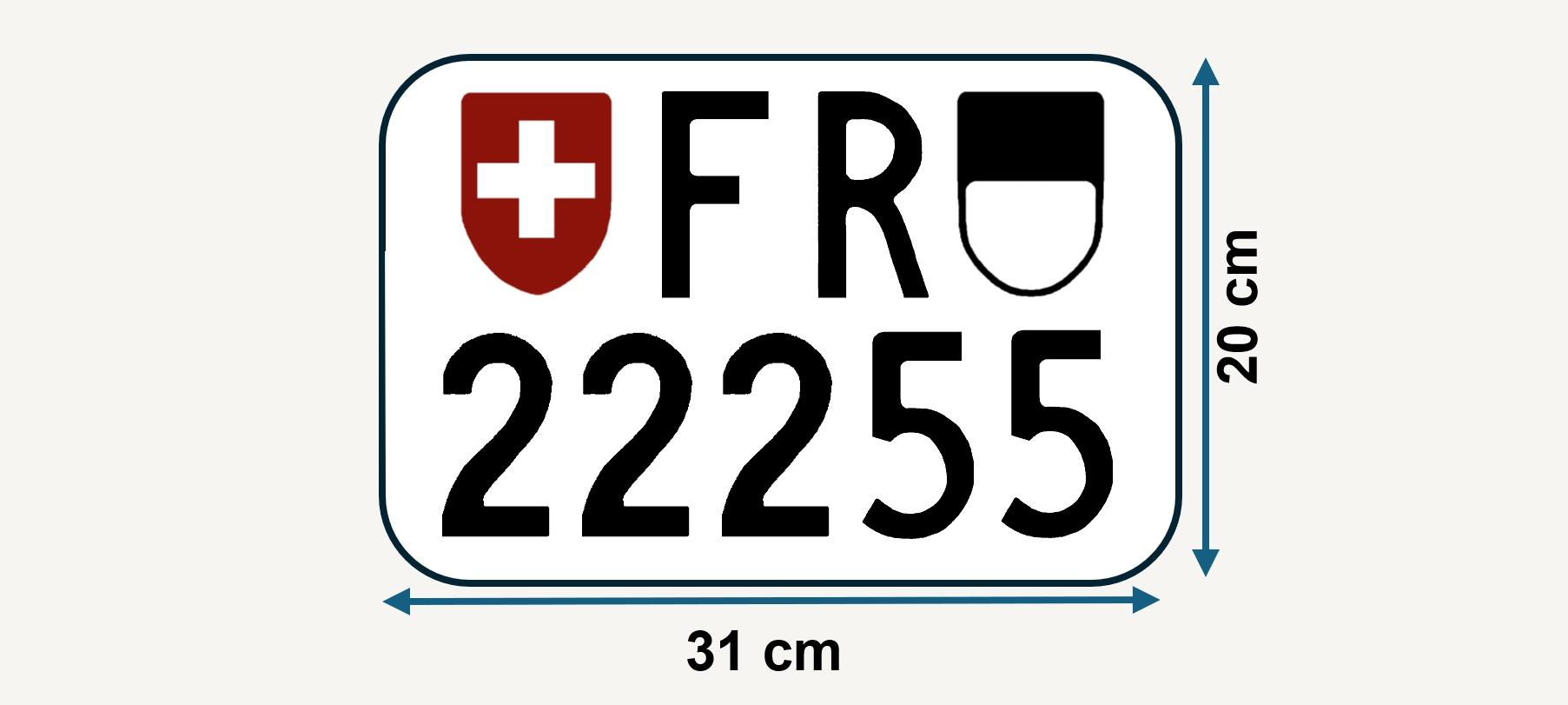 Freiburger Kontrollschild im Hochformat ab 1957 mit der neuen Westschweizer Schrift und Massangaben.