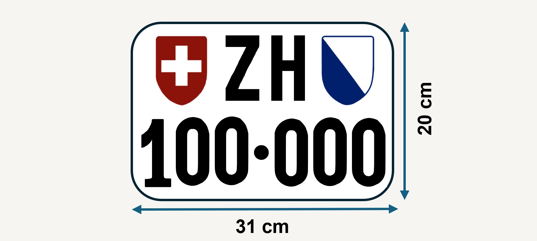 Zürcher Hochformat-Kontrollschild ab 1957 mit Massangaben.