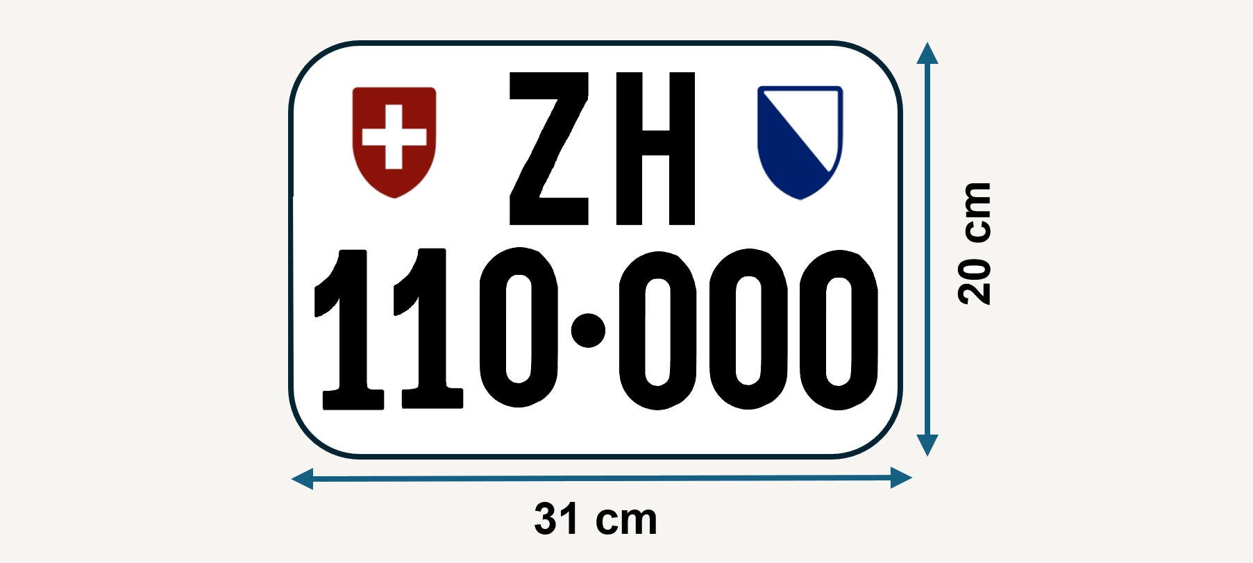 Zürcher Hochformat-Kontrollschild ab 1959 mit kleinen Wappen und Massangaben.