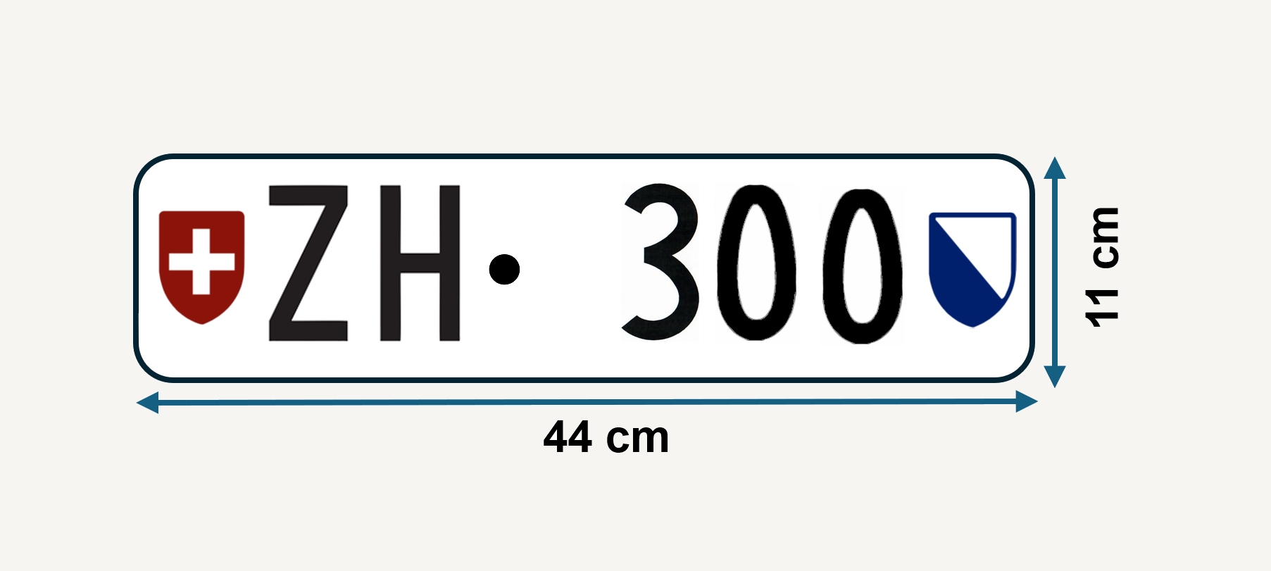 Zürcher hinteres Langformat-Kontrollschild von 1960 für ein- bis vierstellige Nummern mit Massangaben.