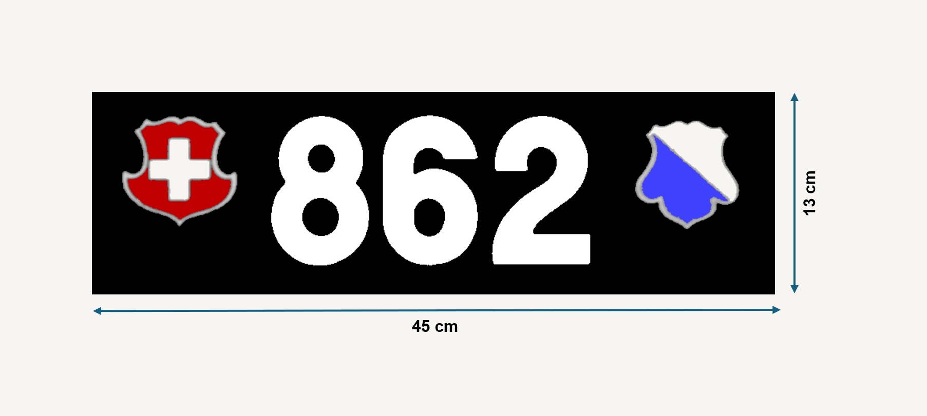 Zürcher hinteres Kontrollschild der Konkordatszeit im Format 45 × 13 cm mit Massangaben.