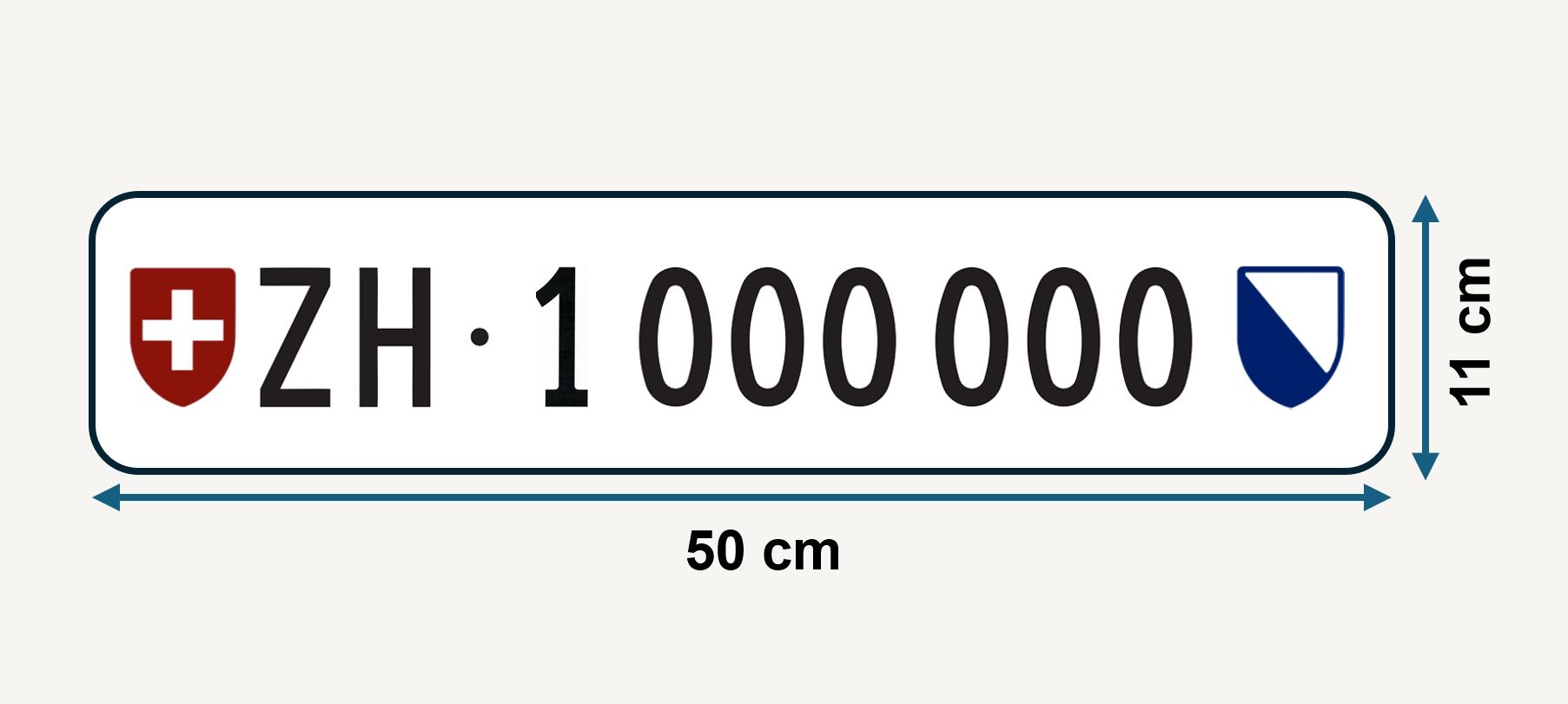 Zürcher Langformat-Kontrollschild mit der siebenstelligen Nummer ZH 1 000 000 und Massangaben.