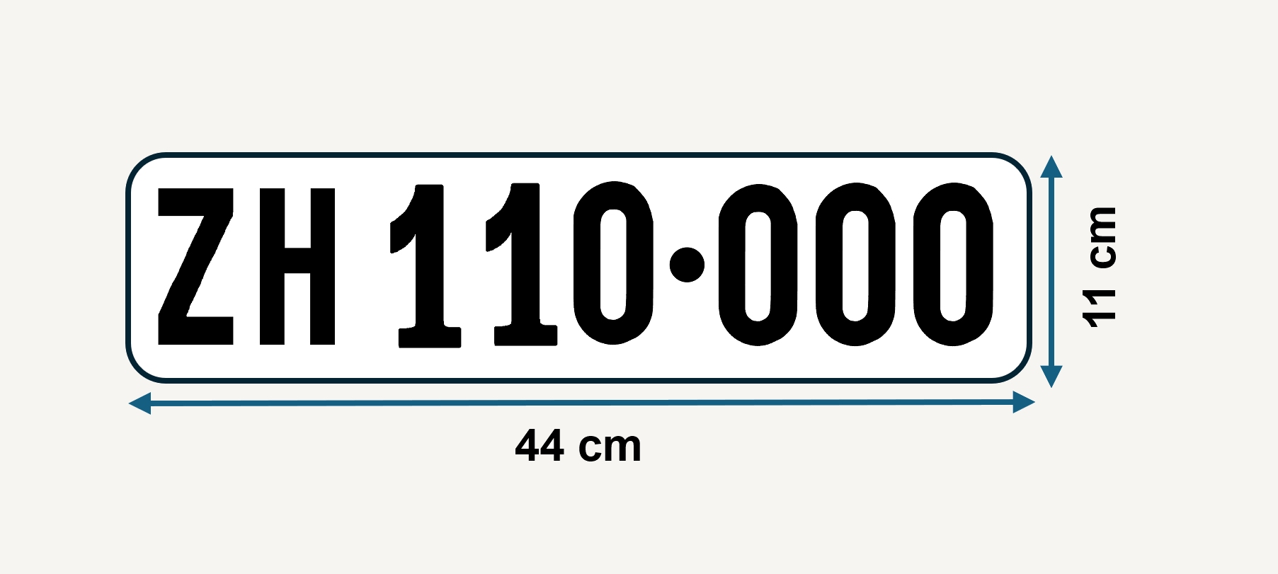 Zürcher vorderes Kontrollschild im ab 1957 für sechsstellige Nummern verwendeten Format 44 × 11 cm mit Massangaben.