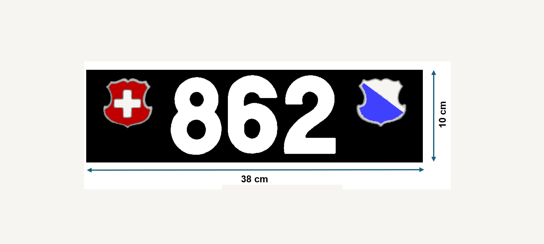 Zürcher vorderes Kontrollschild der Konkordatszeit im Format 38 × 10 cm mit Massangaben.