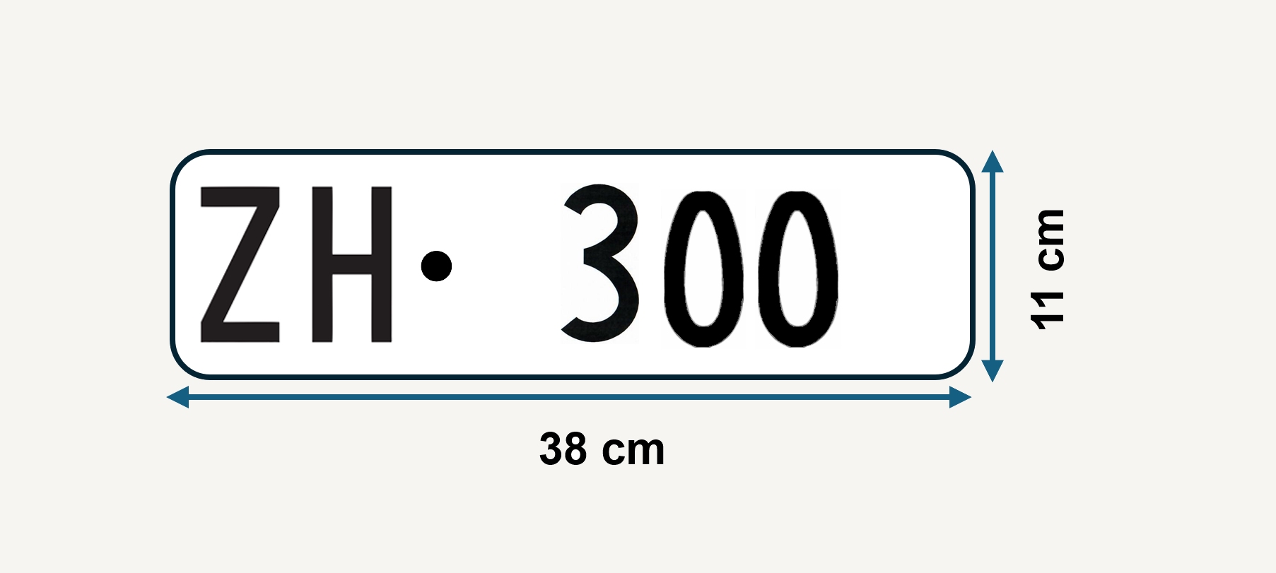 Zürcher vorderes Kontrollschild von 1960 für ein- bis vierstellige Nummern mit Massangaben.